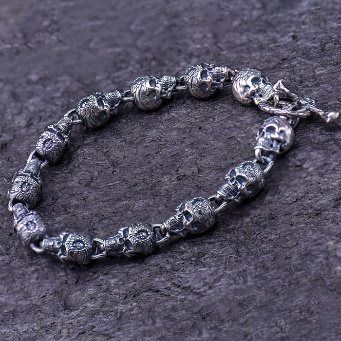 Heavy Real Solid 925 Sterling Silver Bracelet Skeletons Skulls Hip Hop Punk Jewelry 7.5"-9.3"