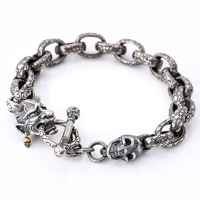 Heavy Real Solid 925 Sterling Silver Bracelet Skeletons Skulls Hip Hop Punk Jewelry 7.5"-9.1"