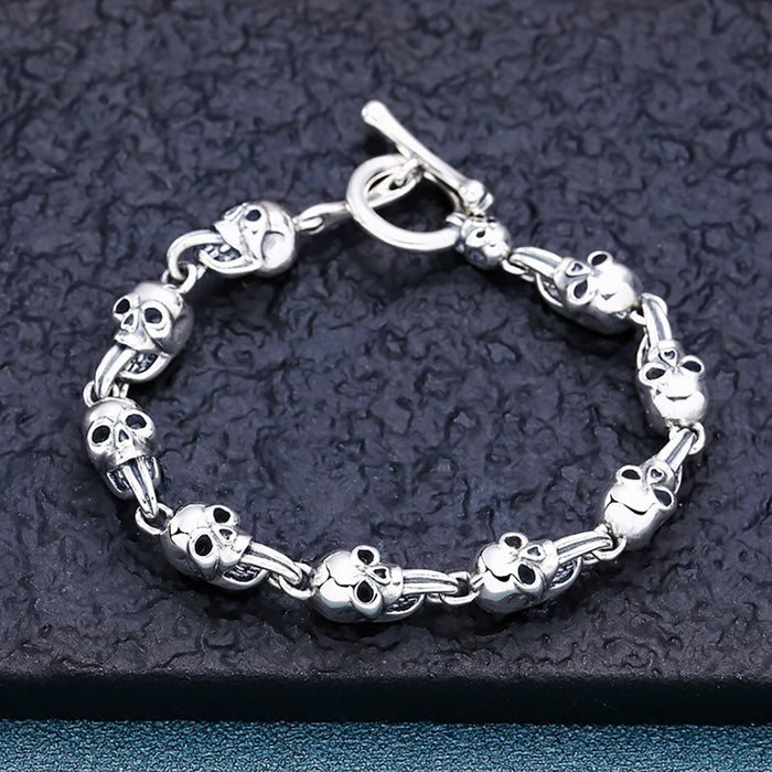 Real Solid 925 Sterling Silver Bracelet Skulls Bone Hip Hop Punk Jewelry OT Buckle 6.7"-9.1"