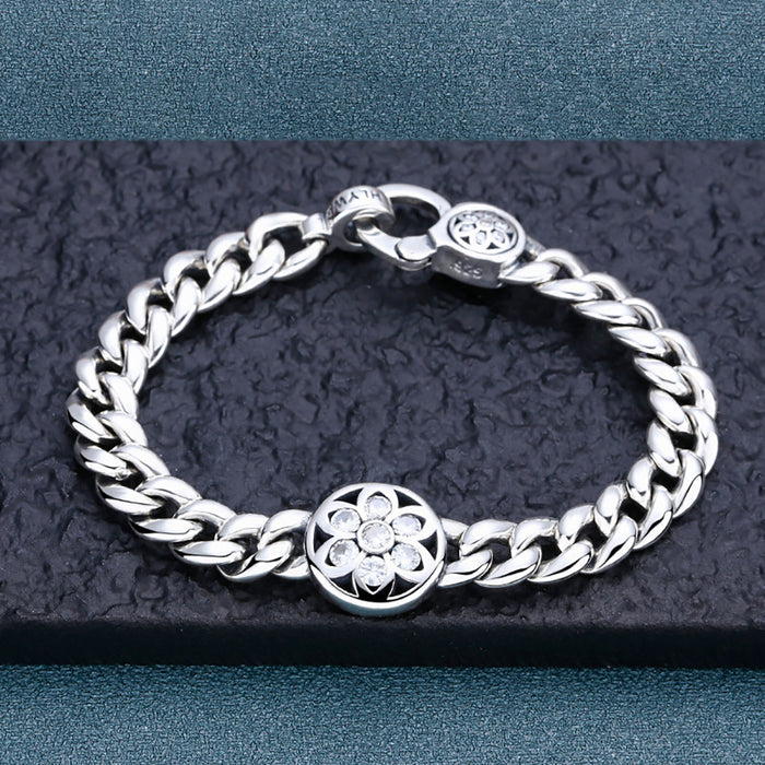 Real Solid 925 Sterling Silver Bracelet Miami Cuban Chain Sakura Glossy Punk Jewelry 7.1"-8.7"