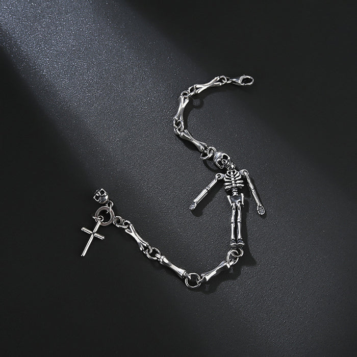 Real Solid 925 Sterling Silver Bracelet Human Skeleton Bone Skull Punk Jewelry 6.3"-7.9"