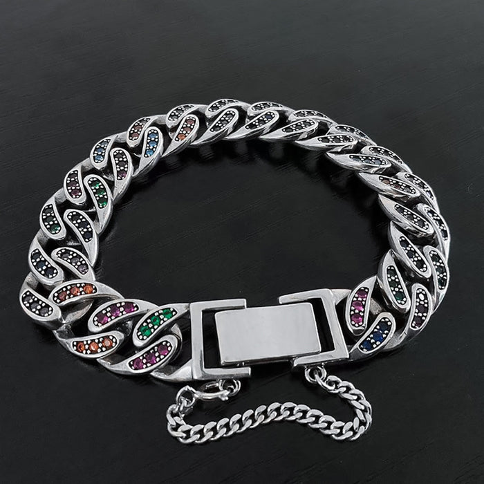 Real Solid 925 Sterling Silver Bracelet Miami Cuban Chain Multicolor CZ Inlay Hip Hop Jewelry 7.1"-9.4"
