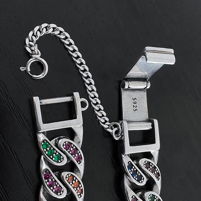 Real Solid 925 Sterling Silver Bracelet Miami Cuban Chain Multicolor CZ Inlay Hip Hop Jewelry 7.1"-9.4"
