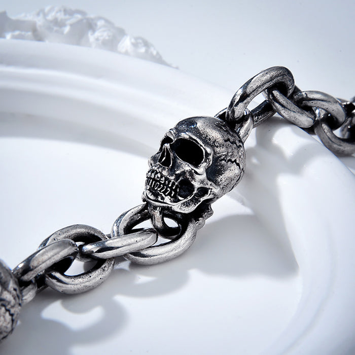 Real Solid 925 Sterling Silver Bracelet Skulls Hip Hop Gothic Punk Jewelry OT Buckle 6.3"-8.7"