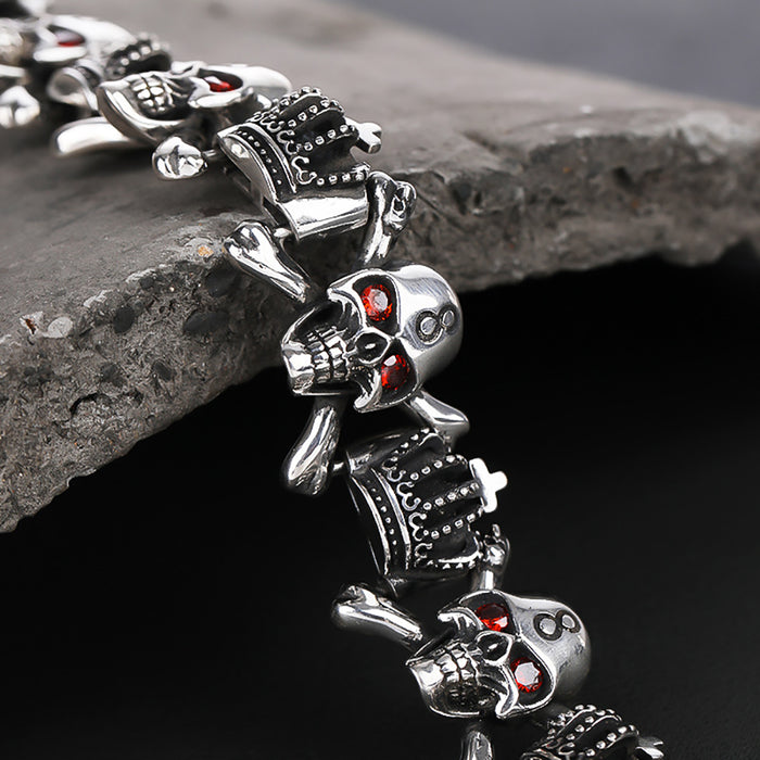 Real Solid 925 Sterling Silver Bracelet Red Eye Skulls CZ Inlay Crown Punk Jewelry OT Buckle 6.3"-9.4"