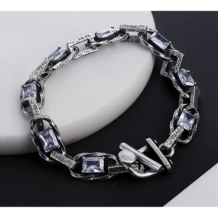 Real Solid 925 Sterling Silver Bracelet Mariner Chain CZ Inlay Hip Hop Punk Jewelry 6.7"-9.4"