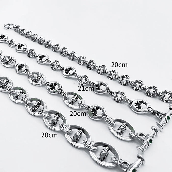 Real Solid 925 Sterling Silver Bracelet Cruciate Flower Chain Hip Hop Punk Jewelry OT Buckle 6.3"-9.1"