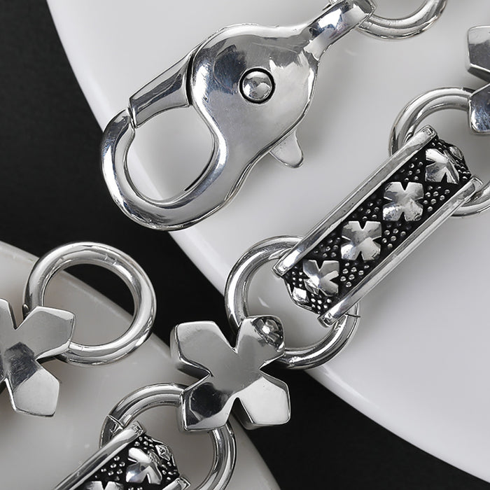 Real Solid 925 Sterling Silver Bracelet Four-Leaf Clover Cross Hip Hop Punk Jewelry 7.1"-8.7"