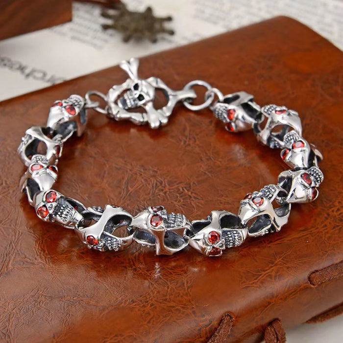 Real Solid 925 Sterling Silver Bracelet Red Eye Skulls Link Chain Hip Hop Jewelry 7.1"-9.4"
