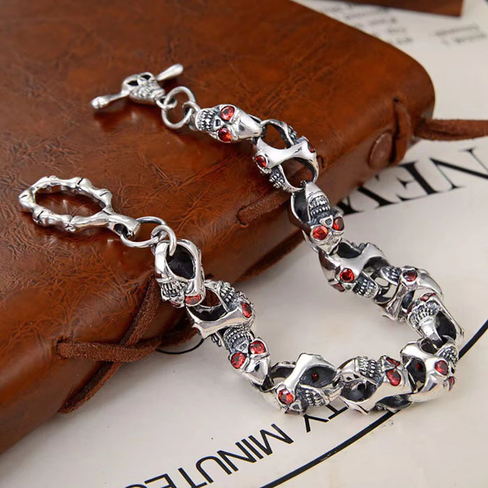 Real Solid 925 Sterling Silver Bracelet Red Eye Skulls Link Chain Hip Hop Jewelry 7.1"-9.4"