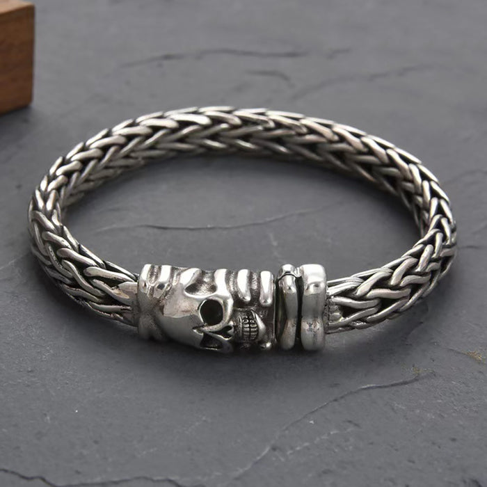 Real Solid 925 Sterling Silver Bracelet Braided Chain Skulls Darkness Punk Jewelry 7.9"