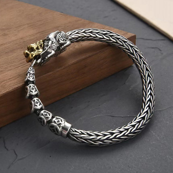 Real Solid 925 Sterling Silver Bracelet Braided Chain Coins Pi Xiu Punk Jewelry 7.1"-8.7"