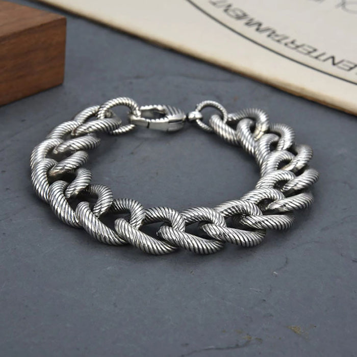 Real Solid 925 Sterling Silver Bracelet Miami Cuban Chain Screw Thread Punk Jewelry 7.1"-9.1"