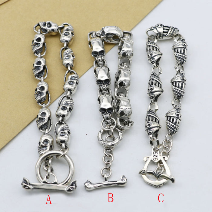 Mens Women‘s Real 925 Sterling Silver Bracelets Link Skulls TO-Buckle 7.1"-9.4"