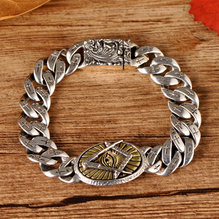 Real Solid 925 Sterling Silver Bracelets Cuban Link Eye Cross Punk Jewelry 7.5"