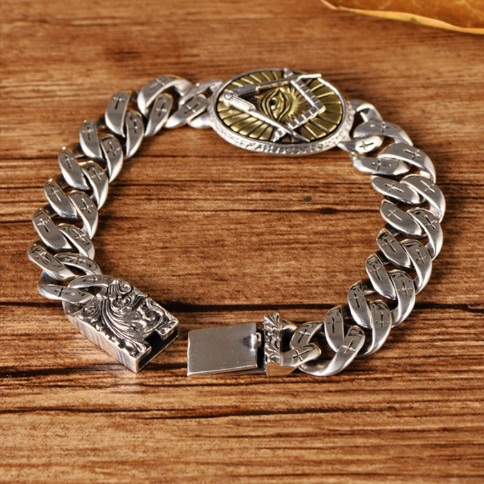 Real Solid 925 Sterling Silver Bracelets Cuban Link Eye Cross Punk Jewelry 7.5"
