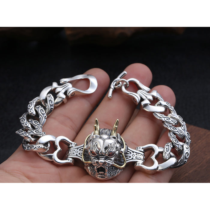 Real Solid 925 Sterling Silver Bracelet Cuban Link Chain Animals Dragon Punk Jewelry 7.9"
