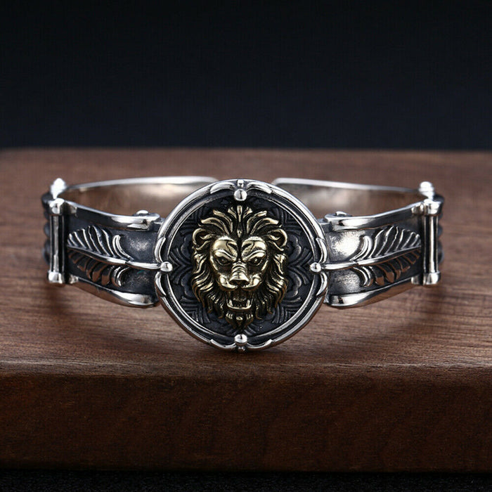 Real Solid 925 Sterling Silver Cuff Bracelet Open Bangle Lion King Leaf Round Punk Jewelry
