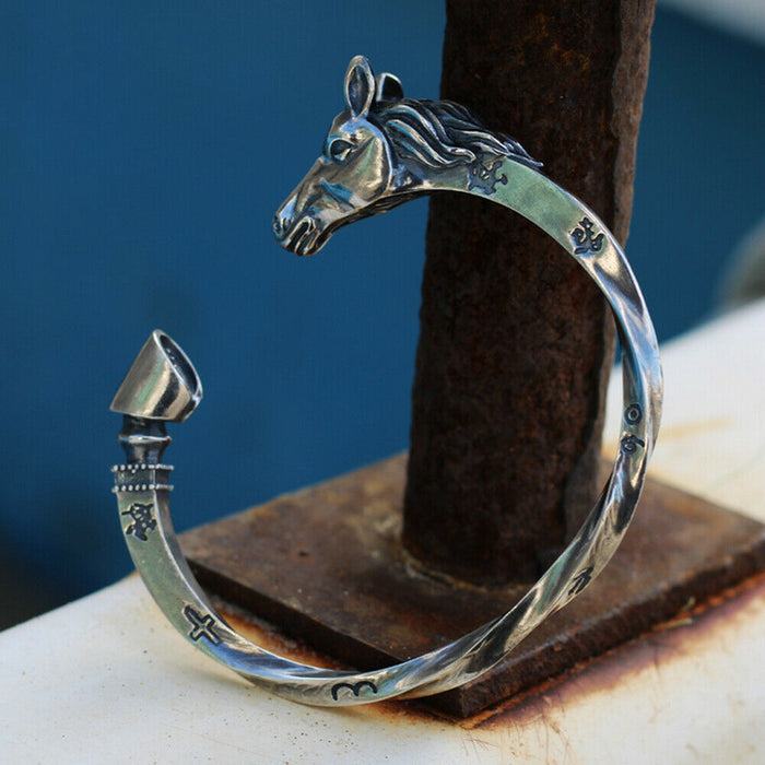 Real Solid 925 Sterling Silver Cuff Bracelet Open Bangle Cross Horse Animals Twist Punk Jewelry
