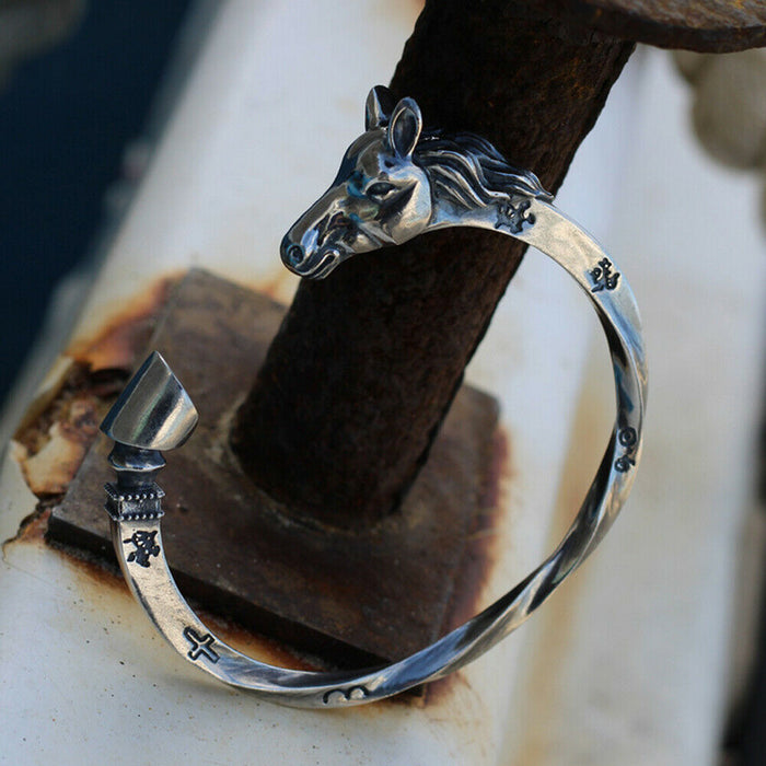Real Solid 925 Sterling Silver Cuff Bracelet Open Bangle Cross Horse Animals Twist Punk Jewelry