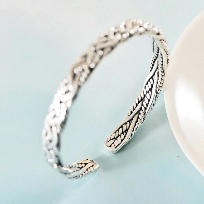 Real Solid 999 Sterling Silver Cuff Bracelet Open Bangle Braided Fashion Punk Jewelry