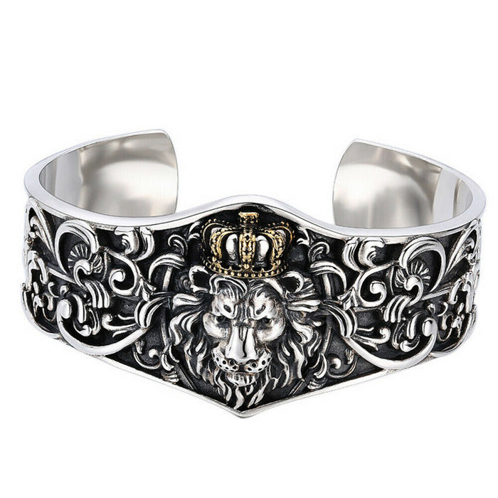 Real Solid 925 Sterling Silver Cuff Bracelet Open Bangle Lion King Crown Punk Jewelry