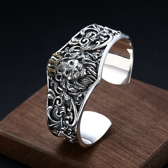 Real Solid 925 Sterling Silver Cuff Bracelet Open Bangle Lion King Crown Punk Jewelry