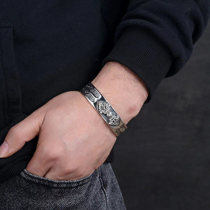 Men's Real Solid 925 Sterling Silver Cuff Bracelet Bangle Vajra Pattern Punk Jewelry