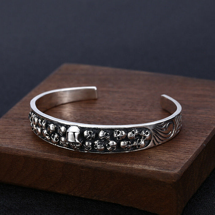 Real Solid 925 Sterling Silver Cuff Bracelet Bangle Skeletons Skulls Gothic Punk Jewelry
