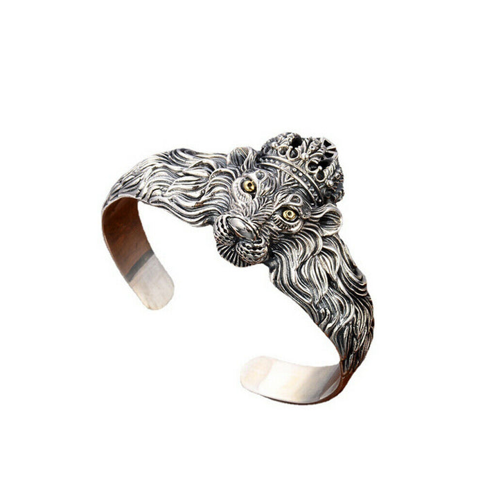 Real Solid 925 Sterling Silver Cuff Bracelet Bangle Animals Lion King Crown Punk Jewelry