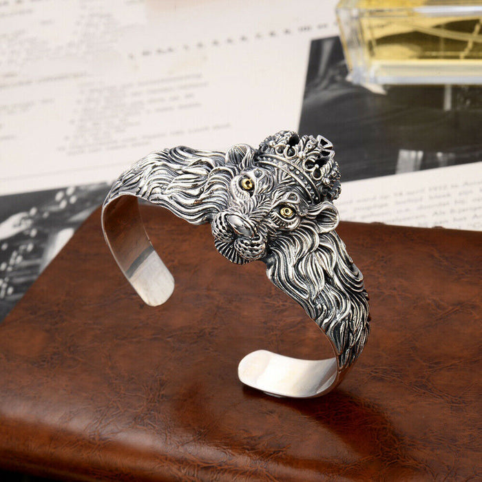 Real Solid 925 Sterling Silver Cuff Bracelet Bangle Animals Lion King Crown Punk Jewelry