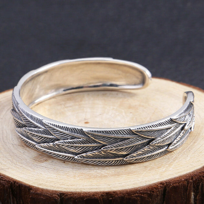 Real Solid 925 Sterling Silver Cuff Bracelet Bangle Feather Fashion Punk Jewelry