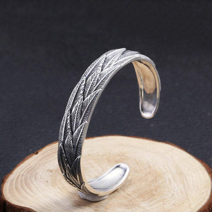 Real Solid 925 Sterling Silver Cuff Bracelet Bangle Feather Fashion Punk Jewelry