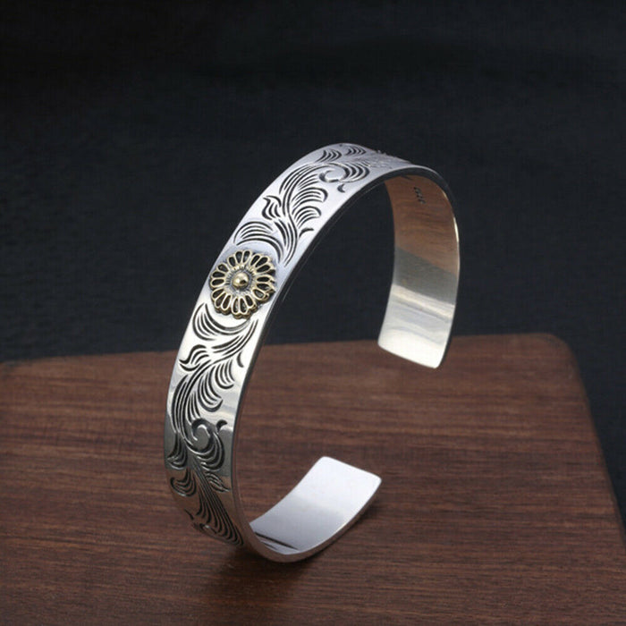 Real Solid 925 Sterling Silver Cuff Bracelet Bangle Flowers Fashion Jewelry