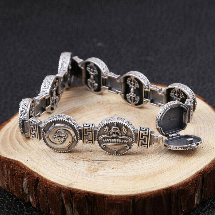 Real Solid 925 Sterling Silver Bangle Bracelet Can Open Vajra Om Mani Padme Hum Jewelry