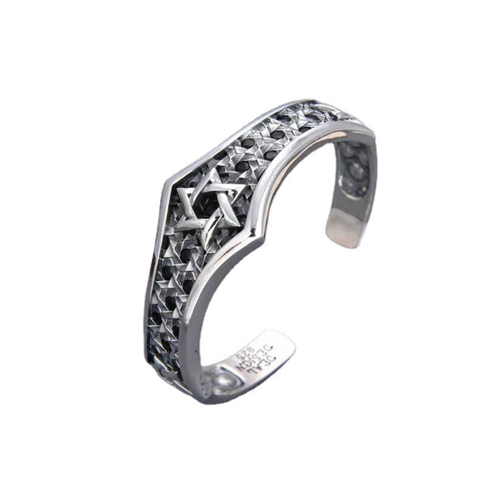 Real Solid 925 Sterling Silver Cuff Bracelet Bangle Hexagram Fashion Punk Jewelry