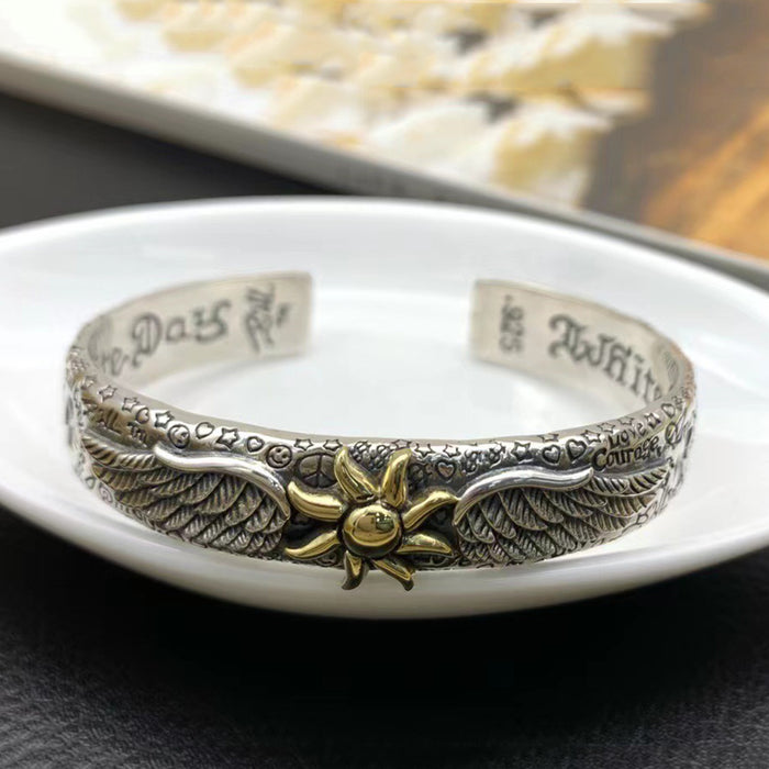 Real Solid 925 Sterling Silver Cuff Bracelet Bangle Feather Wings Sun Punk Jewelry