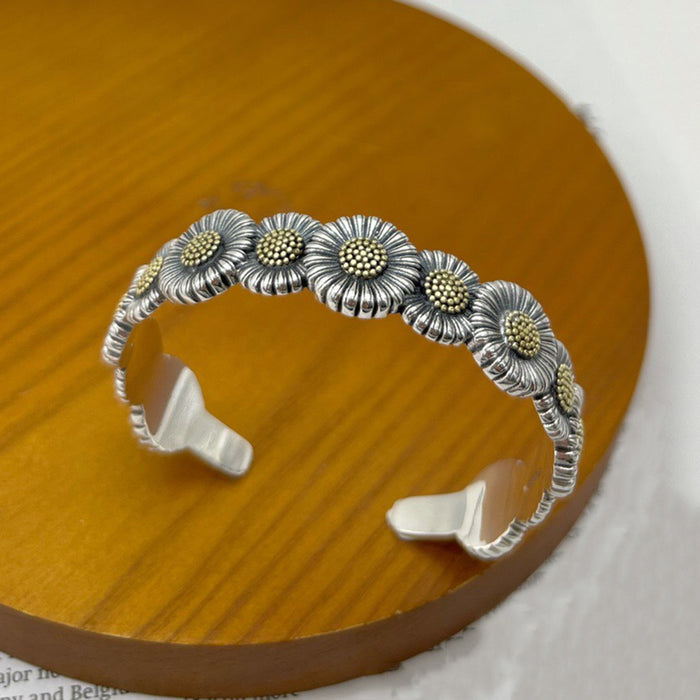 Real Solid 925 Sterling Silver Cuff Bracelet Bangle Daisy Flowers Fashion Jewelry
