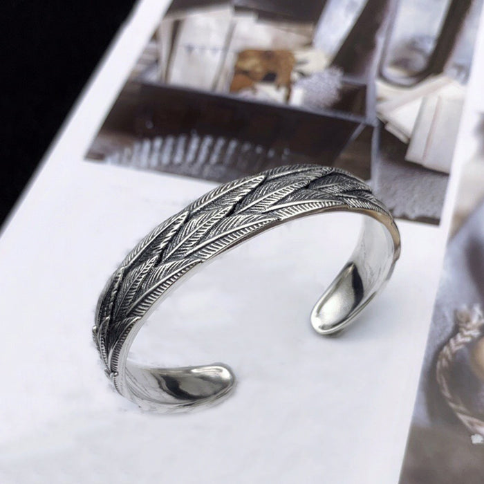 Real Solid 925 Sterling Silver Cuff Bracelet Jewelry Feather HipHop Rock Fashion Open