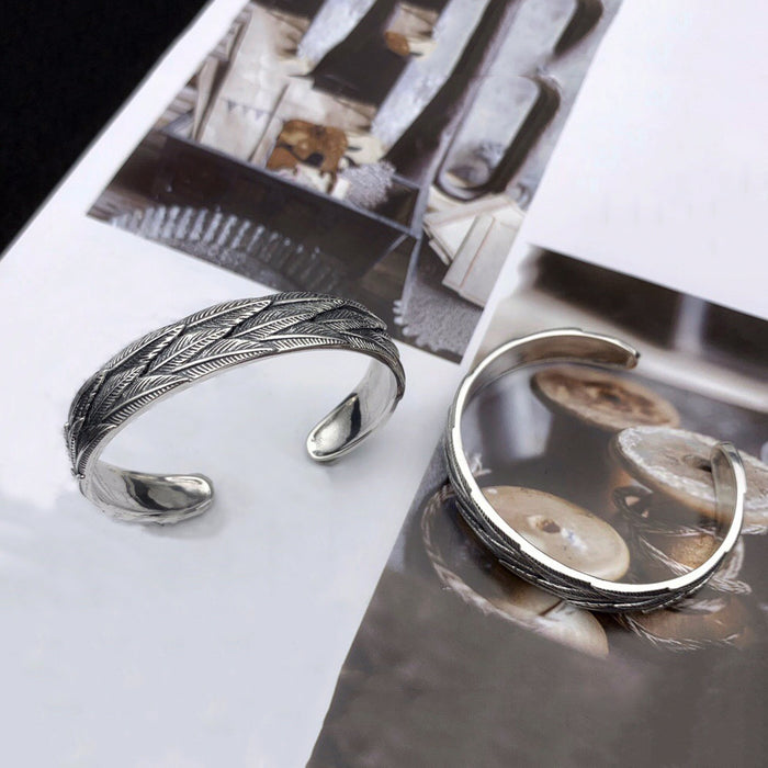 Real Solid 925 Sterling Silver Cuff Bracelet Jewelry Feather HipHop Rock Fashion Open