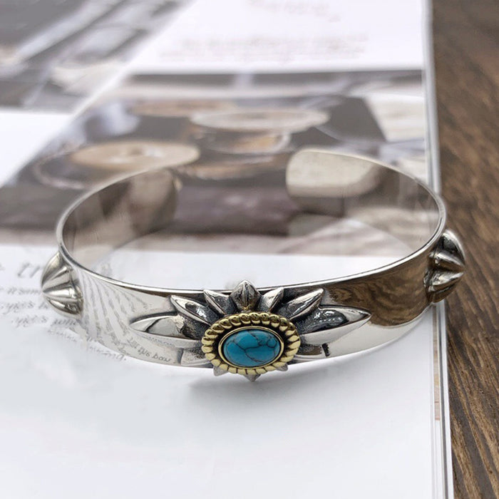Real Solid 925 Sterling Silver Cuff Bracelet Bangle Turquoise Sun Flower Fashion Punk Jewelry