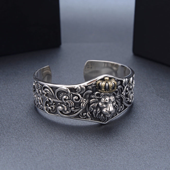 Heavy Real Solid 925 Sterling Silver Cuff Bracelet Animals Lion Crown Punk Jewelry Open Bangle