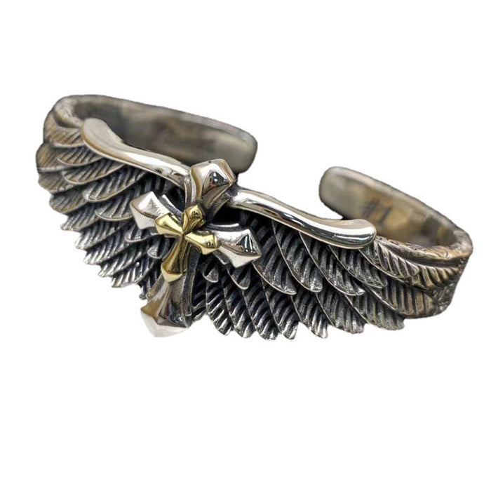 Real Solid 925 Sterling Silver Cuff Bracelet Wings Cross Viking Punk Jewelry Open Bangle