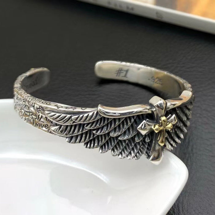 Real Solid 925 Sterling Silver Cuff Bracelet Wings Cross Viking Punk Jewelry Open Bangle