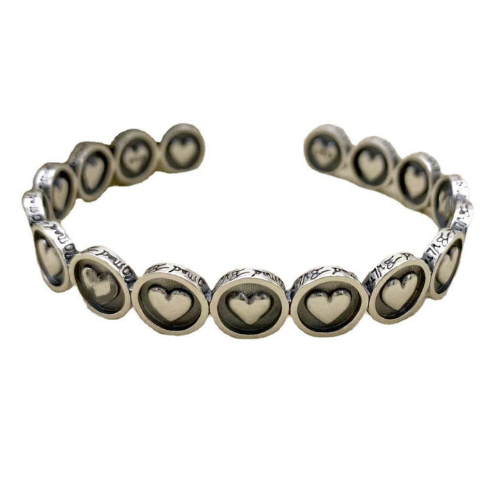 Real Solid 925 Sterling Silver Cuff Bracelet Round Loving Heart Punk Jewelry Open Bangle