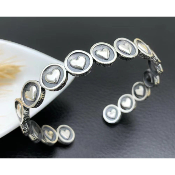 Real Solid 925 Sterling Silver Cuff Bracelet Round Loving Heart Punk Jewelry Open Bangle