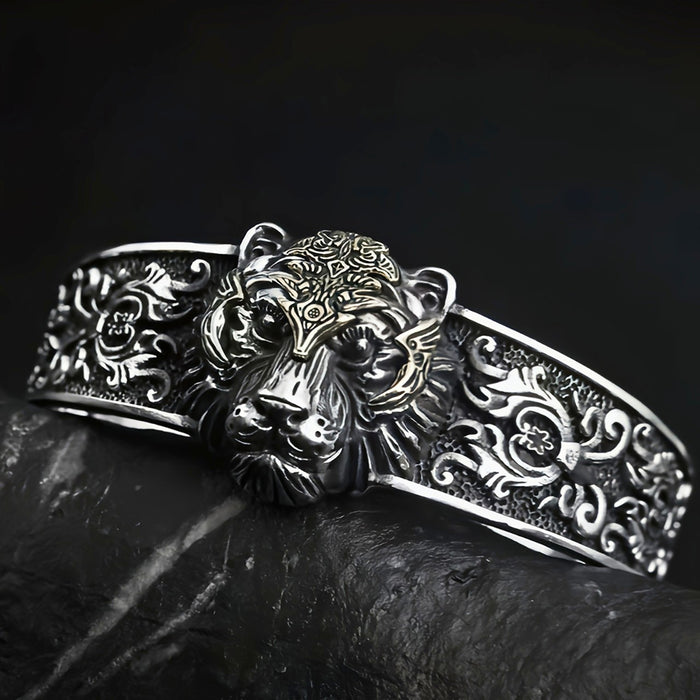 Heavy Real Solid 925 Sterling Silver Cuff Bracelet Animals Tiger Gothic Punk Jewelry Open Bangle