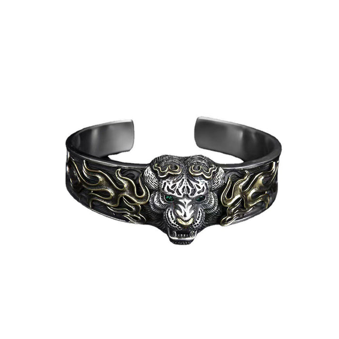 Heavy Real Solid 925 Sterling Silver Cuff Bracelet Animals Tiger Gothic Punk Jewelry Open Bangle