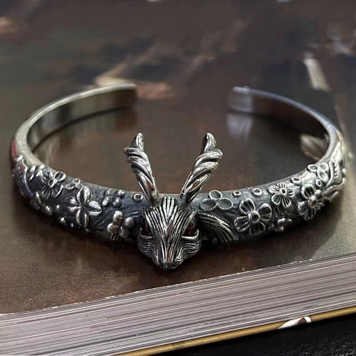 Real Solid 925 Sterling Silver Cuff Bracelet Animals Rabbit Flower Gothic Punk Jewelry Open Bangle