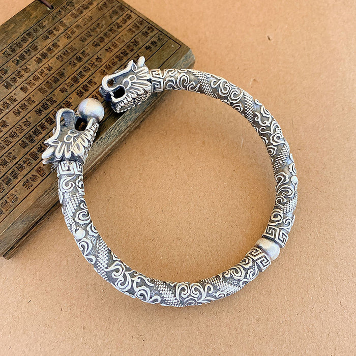 Real Solid 999 Fine Silver Cuff Bracelet Animal Two Dragons Playing With a Bead Open Bangle